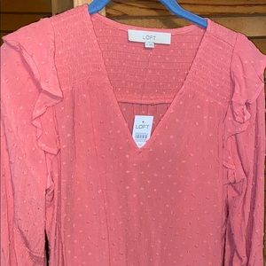 LOFT SALMON SMOCKED YOKE/CUFFS & RUFFLED TOP